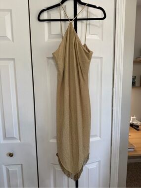 Vintage Cache Gold Fringe Slip Dress - Women's Elegant Evening Dress (10)